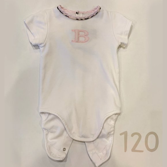 Burberry White Onesie Bodysuit with Pink Embroidered B and Check Trim - Size 6M - Picture 2 of 5